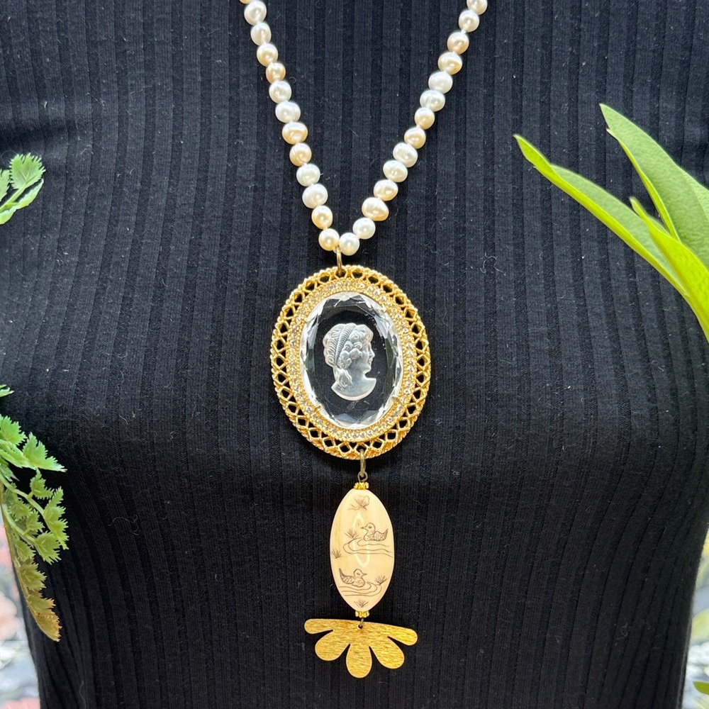 Adorned Crown Jewelry assemblage pearl intaglio cameo scrimshaw necklace